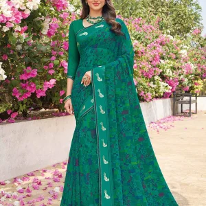 Kaju Anjeer Green Georgette Geometric Printed Saree