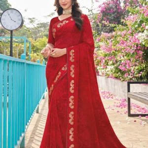 Laxmipati Kaju Anjeer Red Georgette Floral Printed Saree