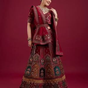 Maroon Floral Aari Embroidered Bridal Lehenga